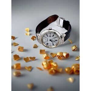 Brighton Newman Watch Black leather band round face Silver tone New Battery